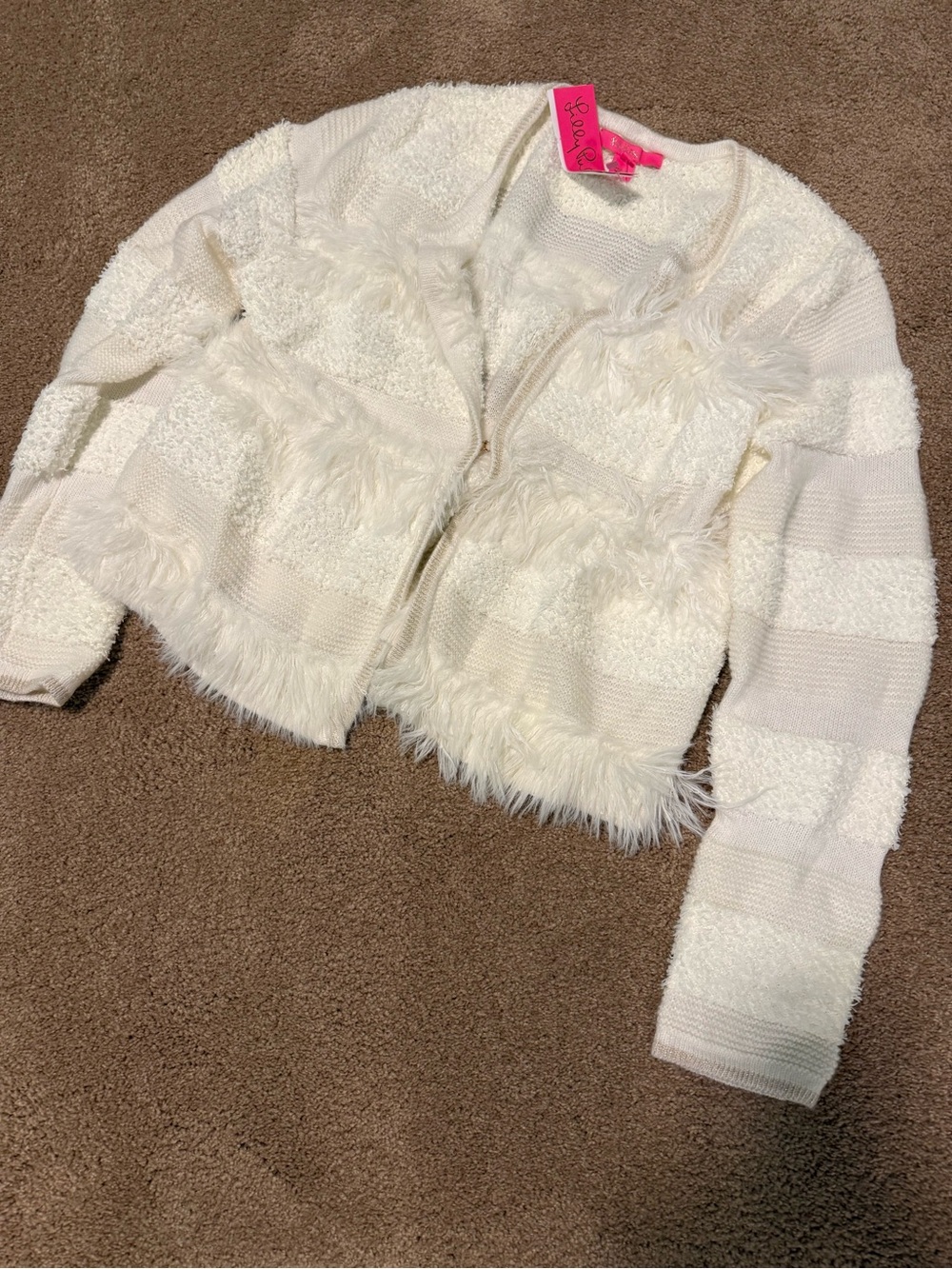Lilly Pulitzer Ivory Fringe Mixed-Texture Open Cardigan